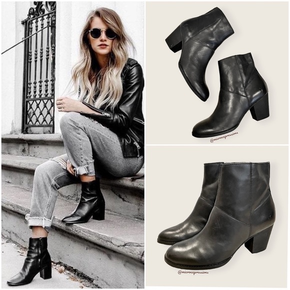 $359 Frye Lacy Seam Black Leather Zip Up Round Toe Block Heel Cute Ankle Bootie